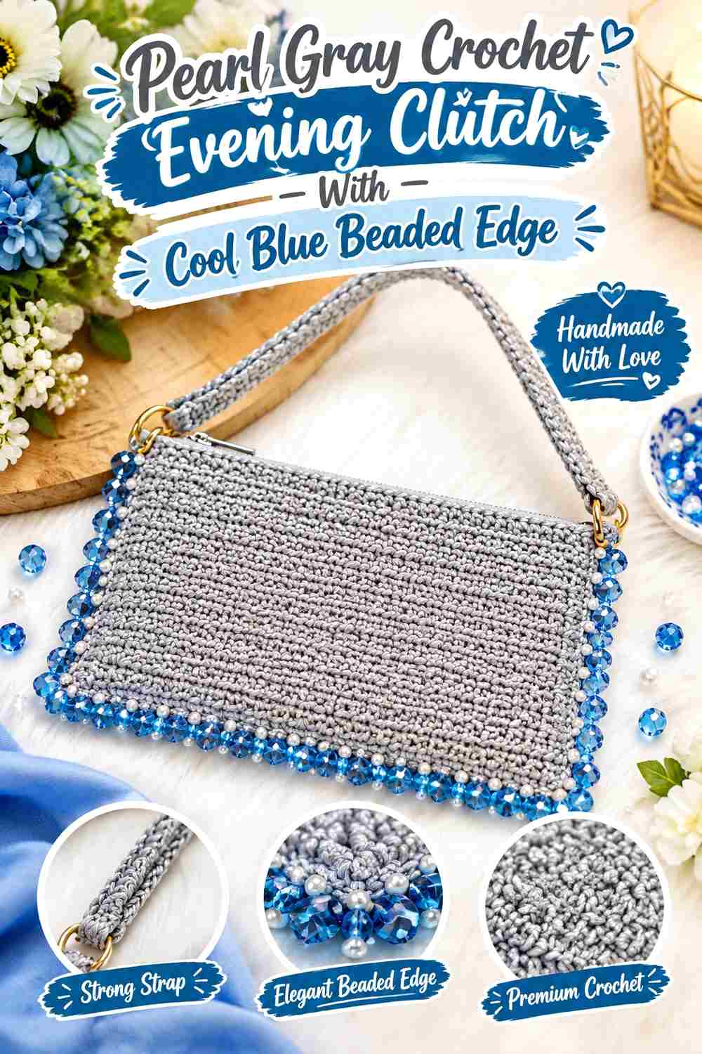 8. Pearl Gray Crochet Evening Clutch With Cool Blue Beaded Edge