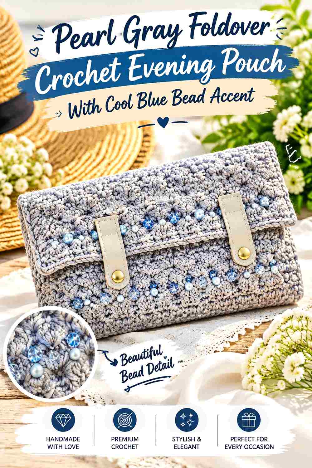 14. Pearl Gray Foldover Crochet Evening Pouch With Cool Blue Bead Accent
