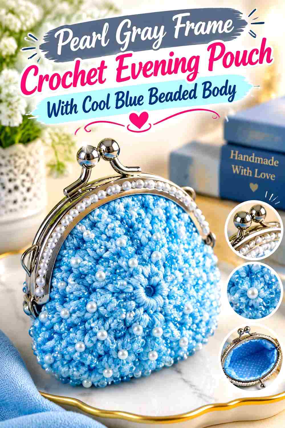 10. Pearl Gray Frame Crochet Evening Pouch With Cool Blue Beaded Body