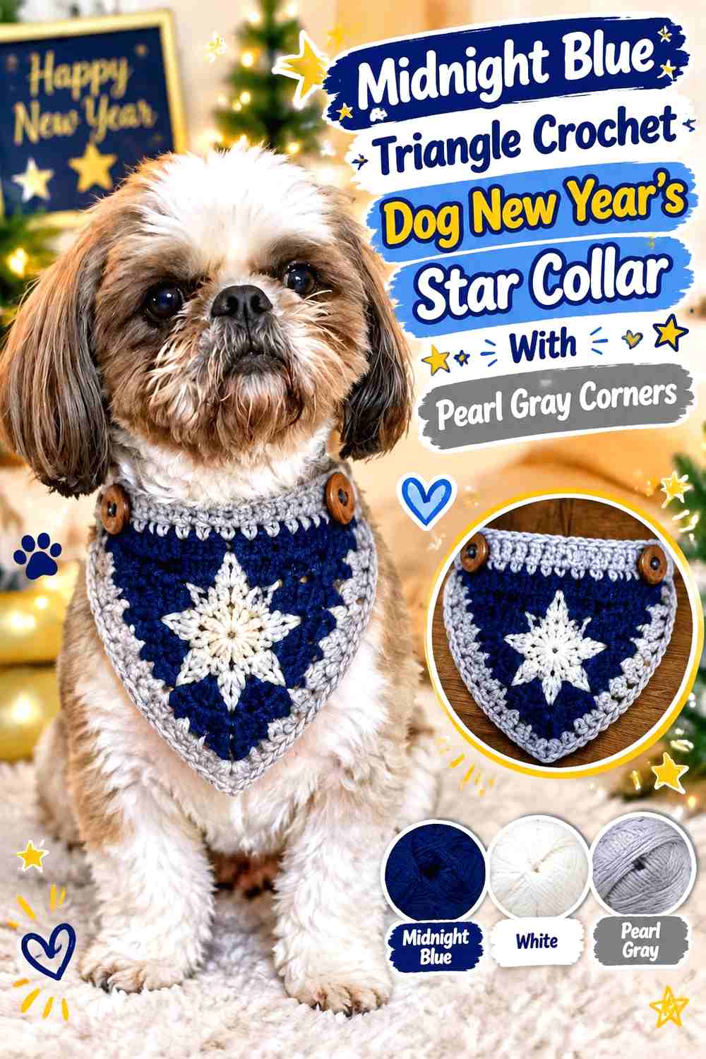 Pearl Gray Lacy Crochet Dog New Year's Star Collar With Midnight Blue Accent