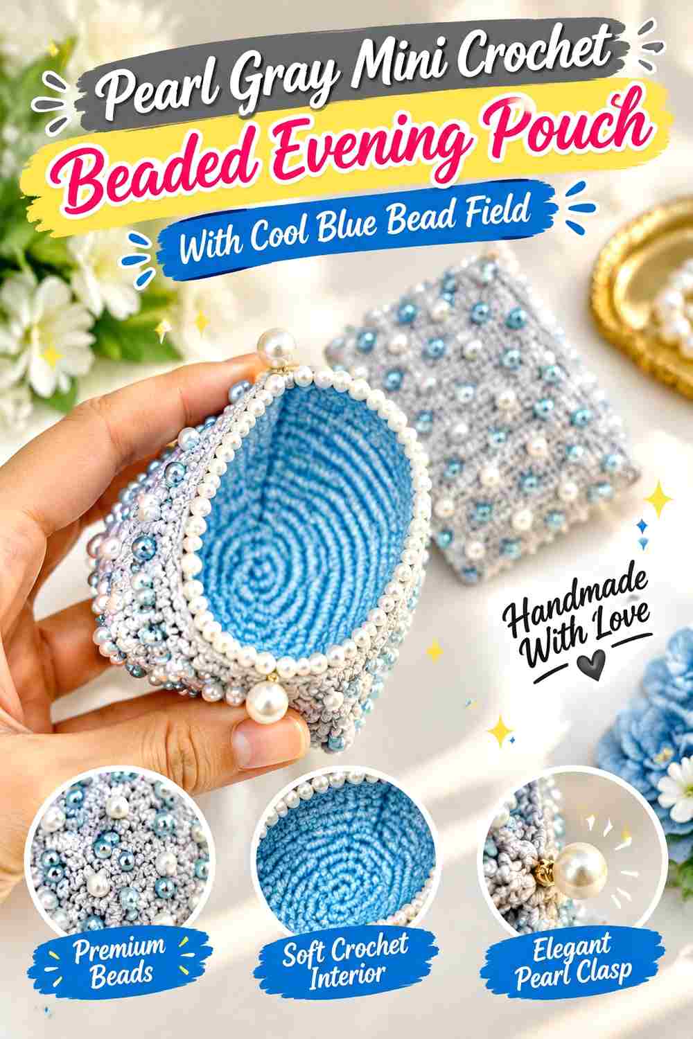6. Pearl Gray Mini Crochet Beaded Evening Pouch With Cool Blue Bead Field
