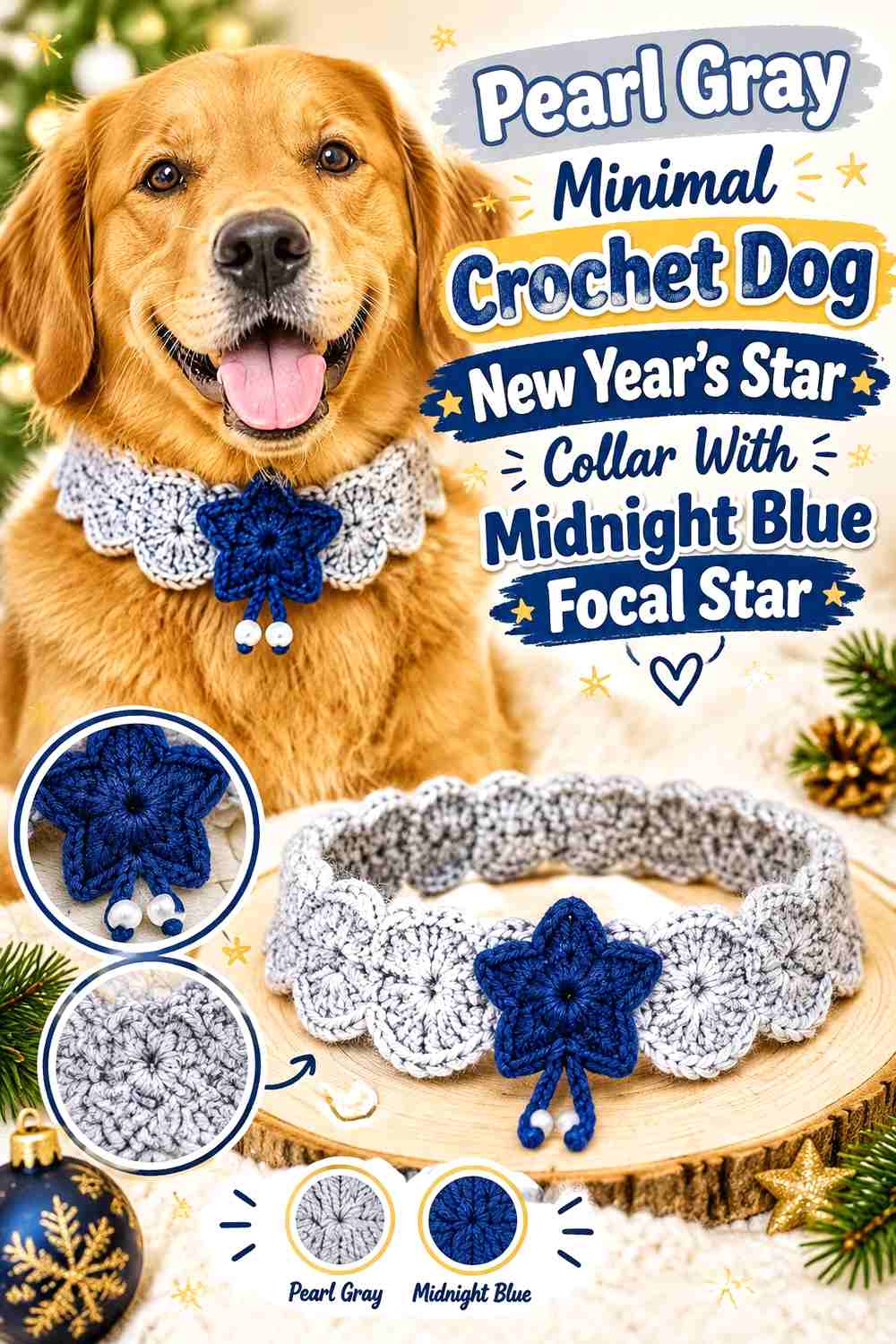 Pearl Gray Minimal Crochet Dog New Year's Star Collar With Midnight Blue Focal Star