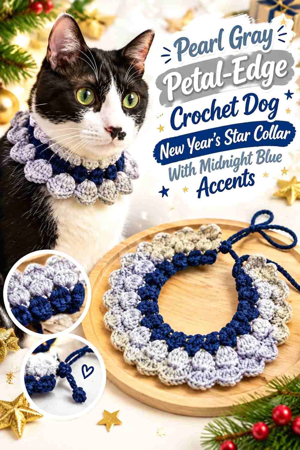 Pearl Gray Petal-Edge Crochet Dog New Year's Star Collar With Midnight Blue Accents