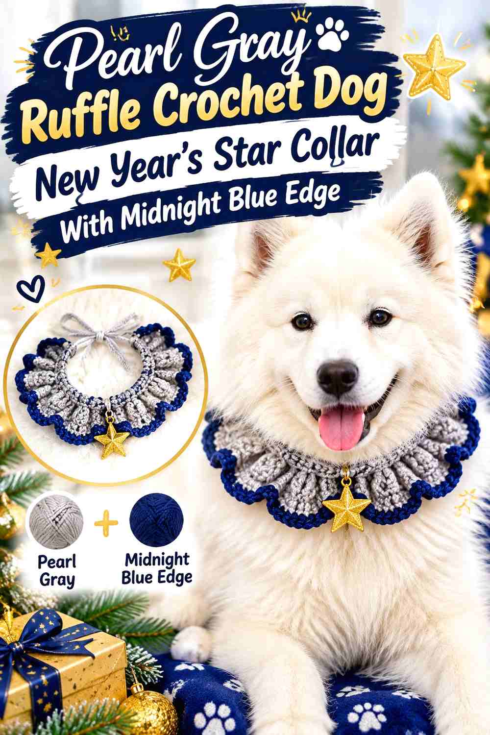 Pearl Gray Ruffle Crochet Dog New Year's Star Collar With Midnight Blue Edge