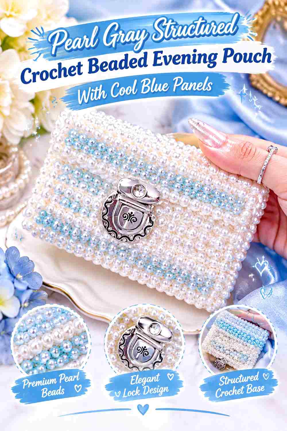 4. Pearl Gray Structured Crochet Beaded Evening Pouch With Cool Blue Panels