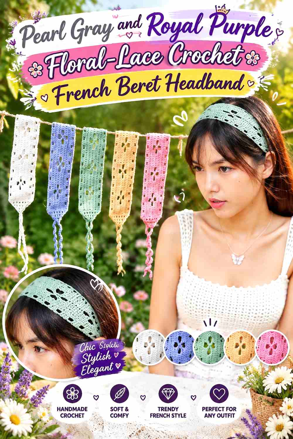 6. Pearl Gray And Royal Purple Floral Lace Crochet French Beret Headband