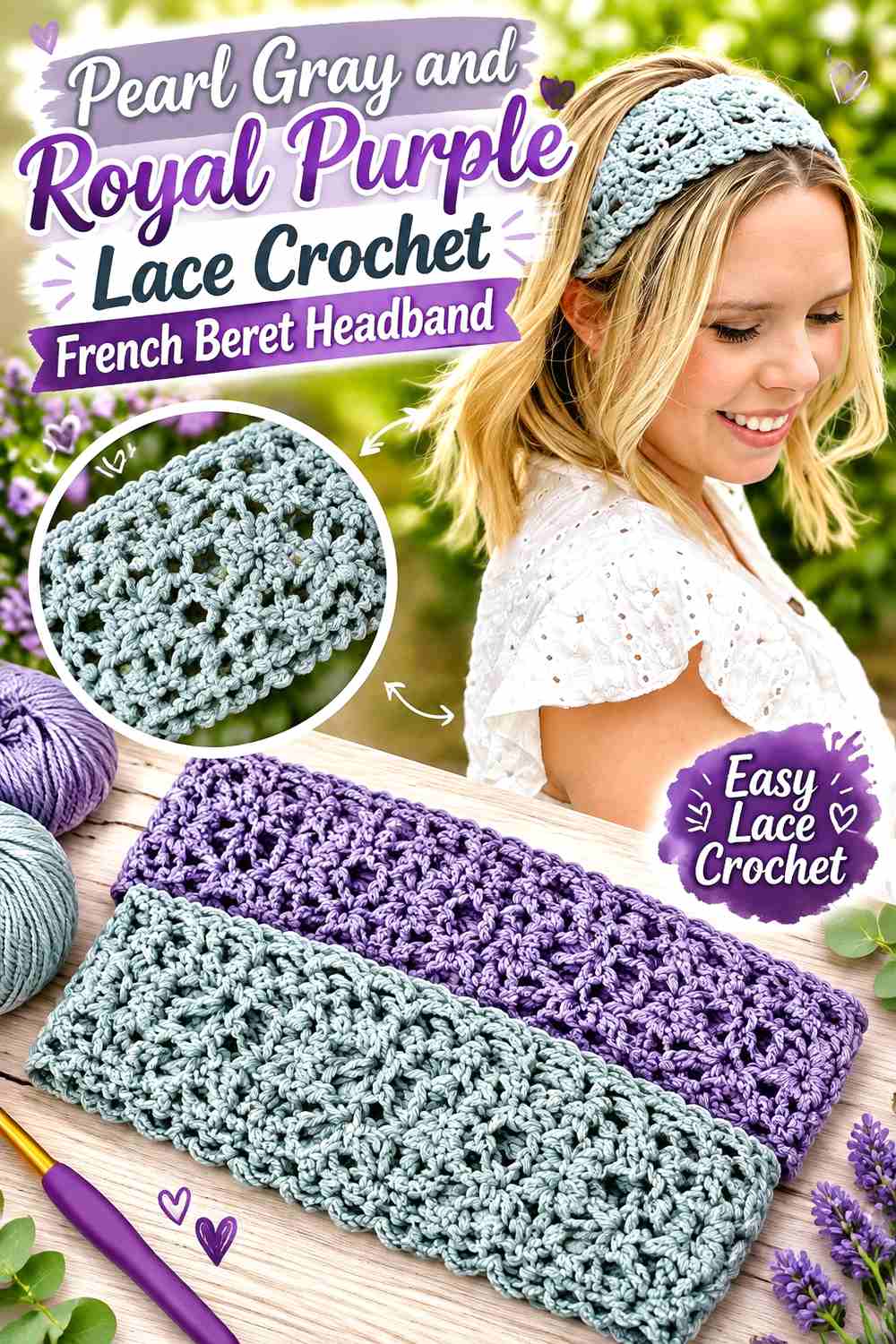 13. Pearl Gray And Royal Purple Lace Crochet French Beret Headband