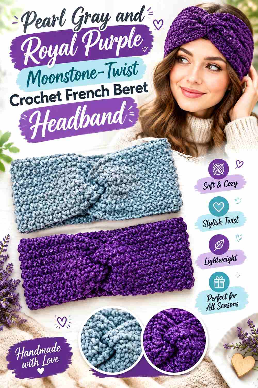 8. Pearl Gray And Royal Purple Moonstone Twist Crochet French Beret Headband