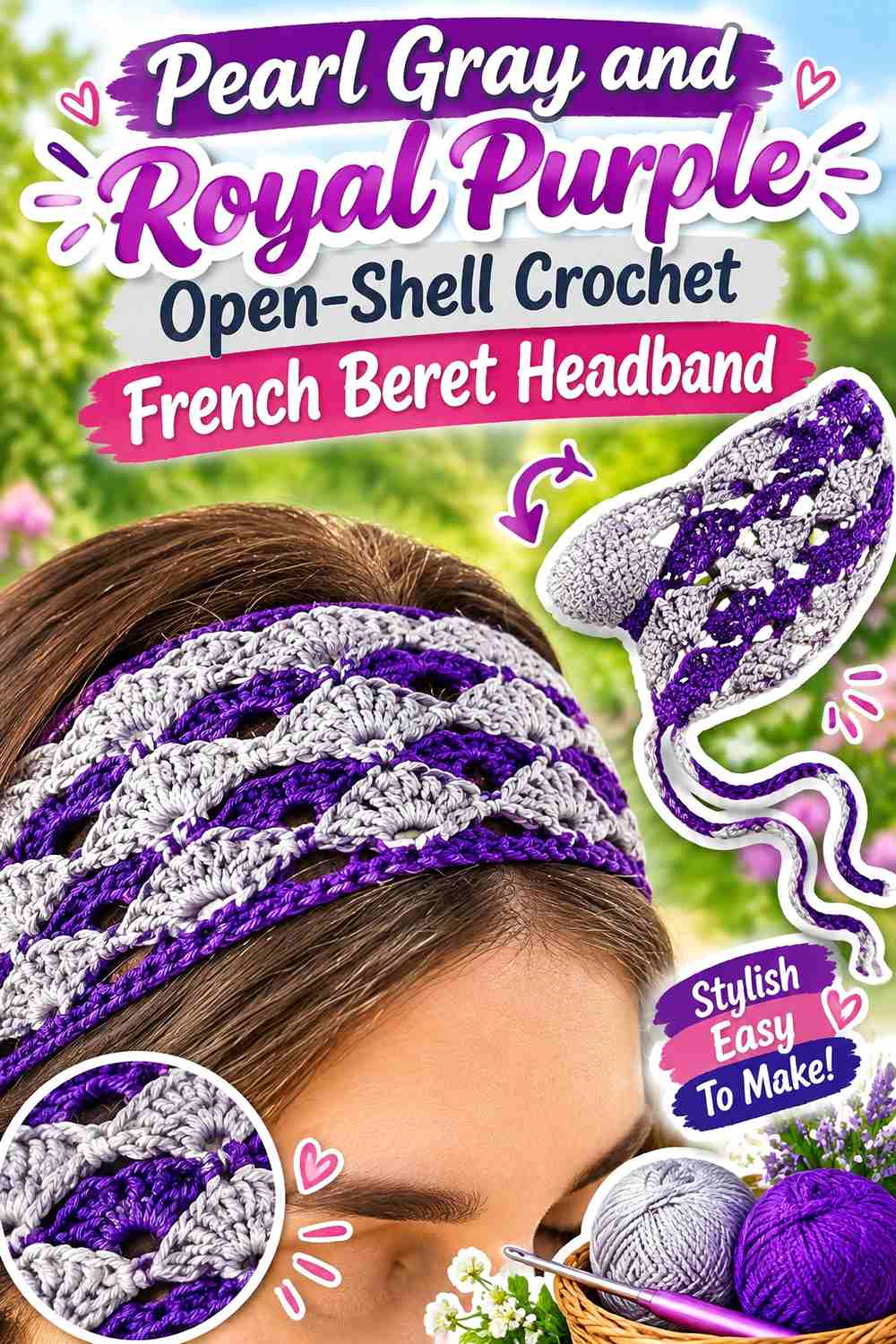 11. Pearl Gray And Royal Purple Open Shell Crochet French Beret Headband