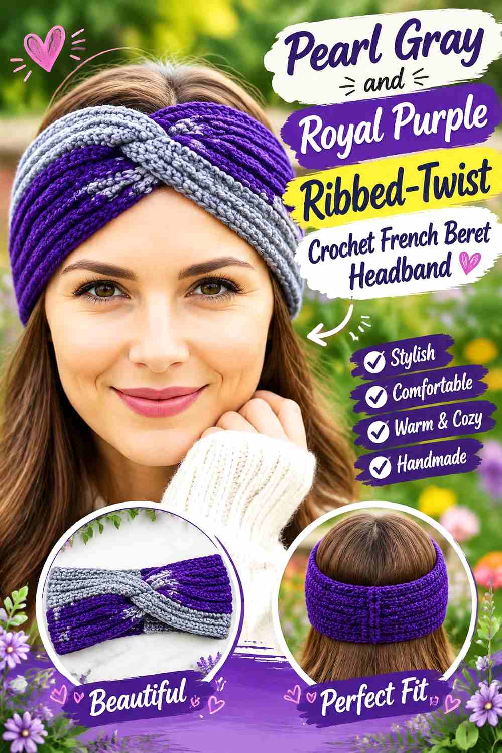 2. Pearl Gray And Royal Purple Ribbed Twist Crochet French Beret Headband