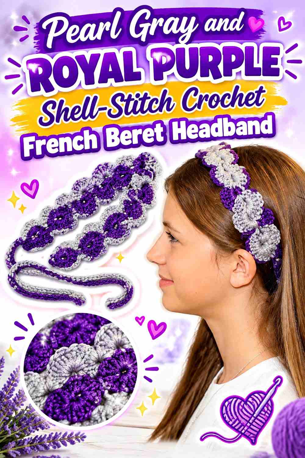 4. Pearl Gray And Royal Purple Shell Stitch Crochet French Beret Headband