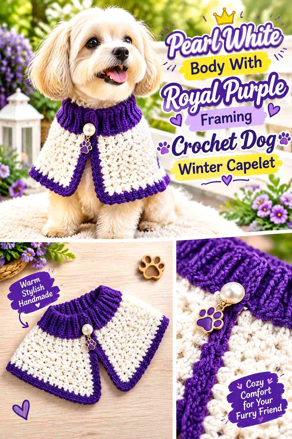 Pearl White Body With Royal Purple Framing Crochet Dog Winter Capelet