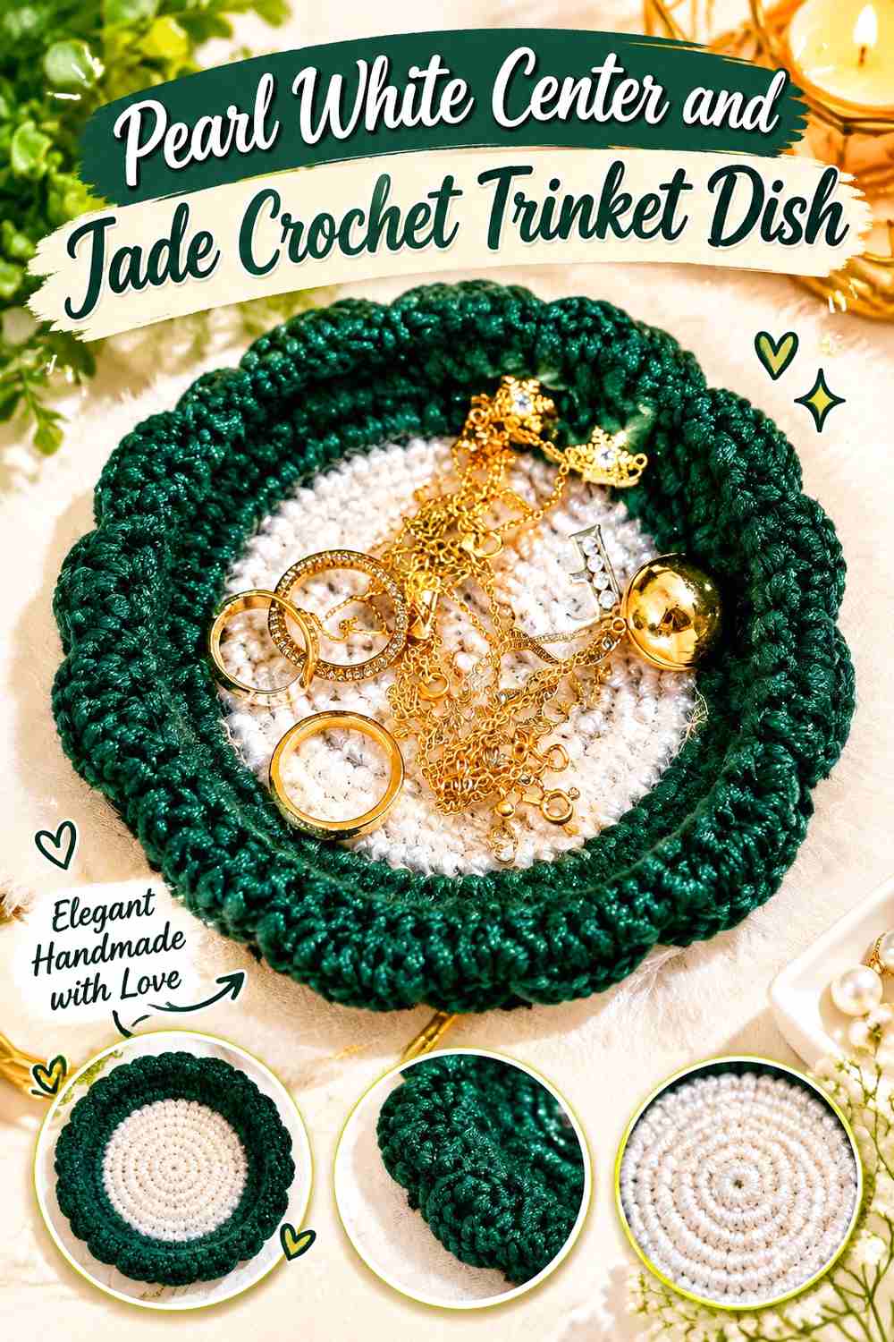 2. Pearl White Center And Jade Crochet Trinket Dish