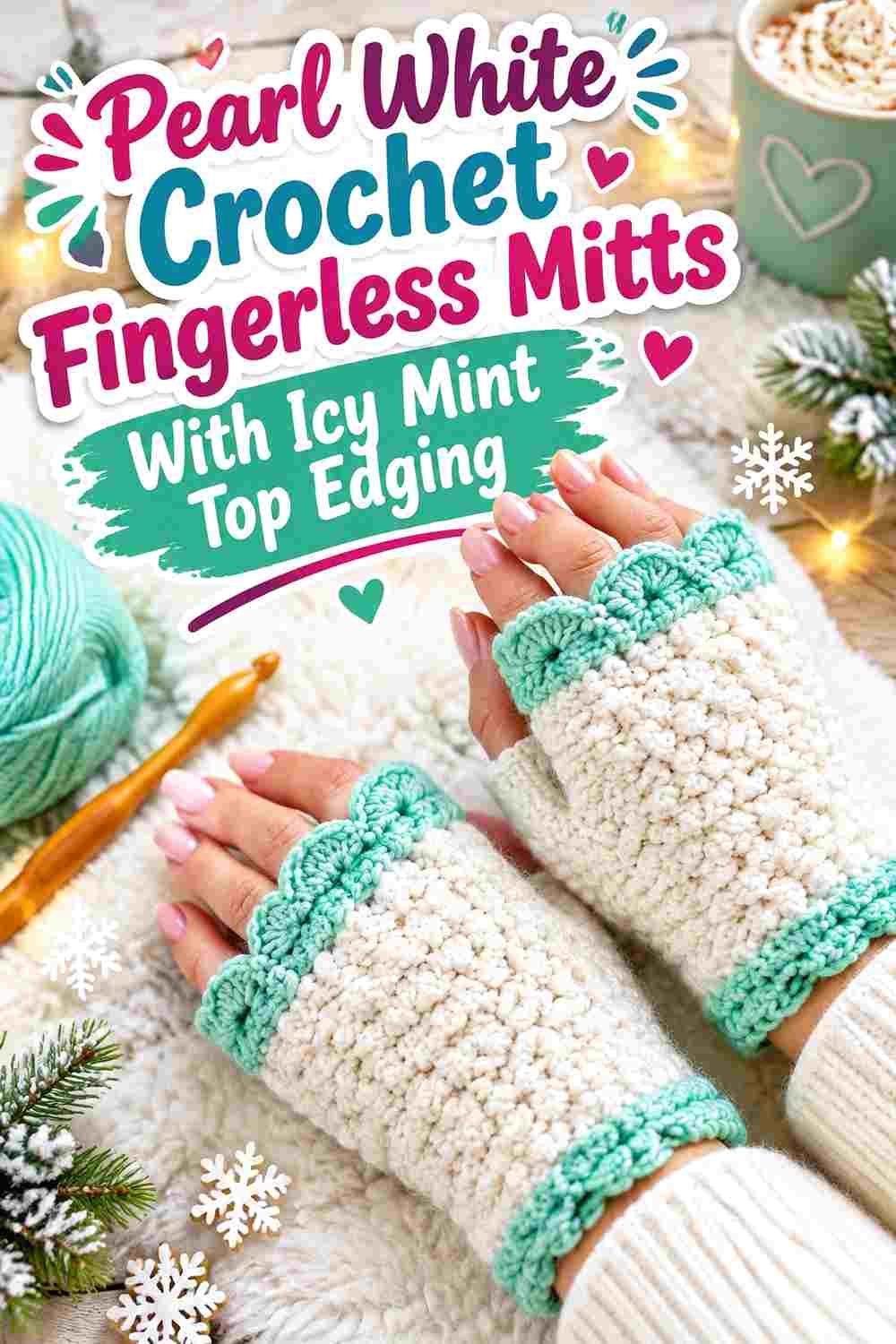 9. Pearl White Crochet Fingerless Mitts With Icy Mint Top Edging
