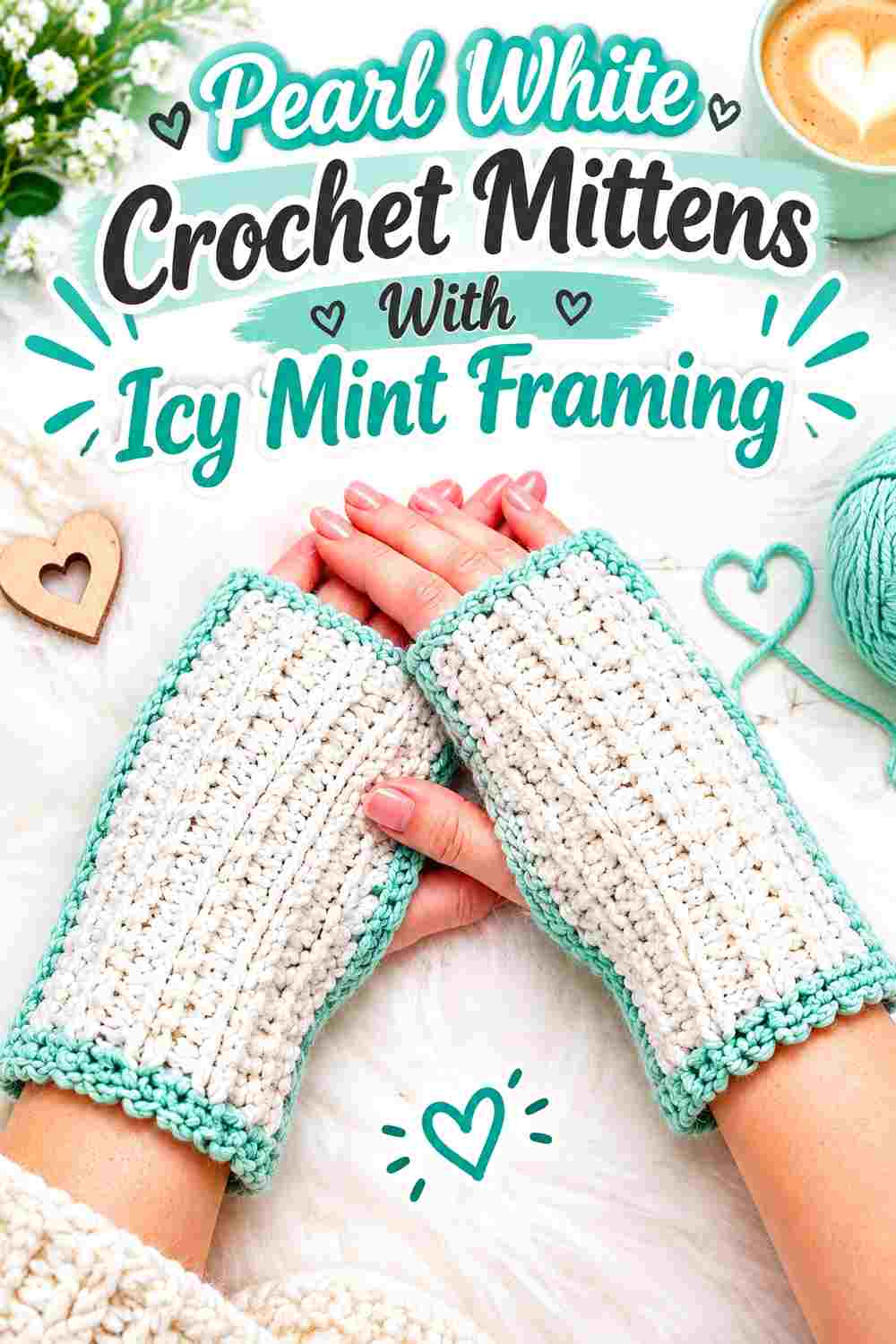 2. Pearl White Crochet Mittens With Icy Mint Framing