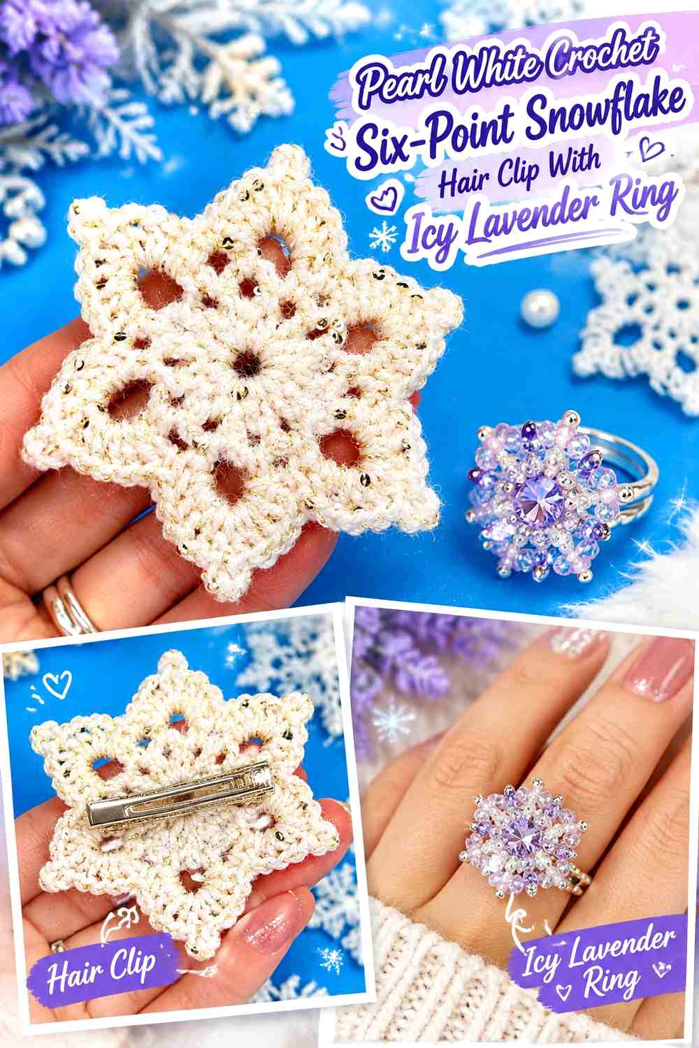 Pearl White Crochet Six-Point Snowflake Hair Clip With Icy Lavender Ring