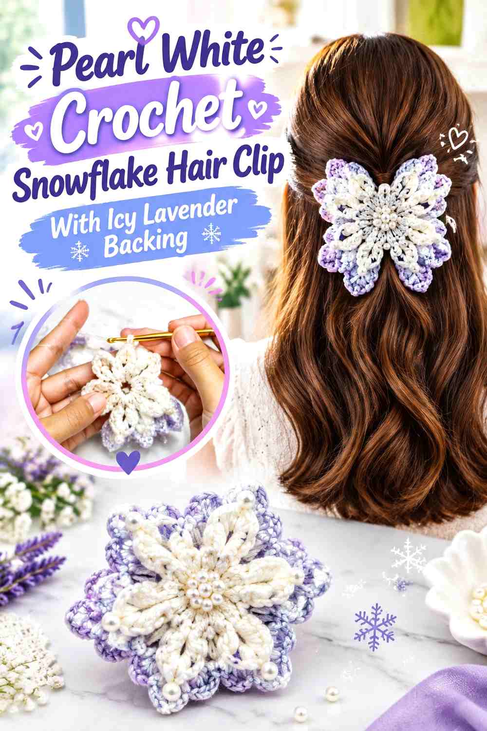 Pearl White Crochet Snowflake Hair Clip With Icy Lavender Backing