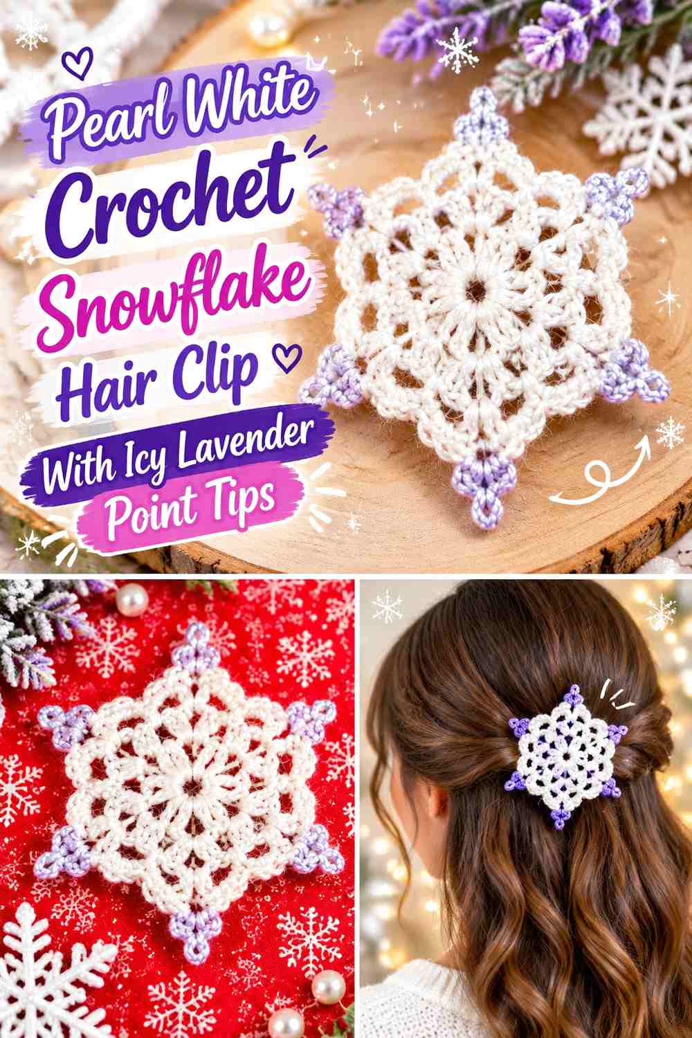 Pearl White Crochet Snowflake Hair Clip With Icy Lavender Point Tips