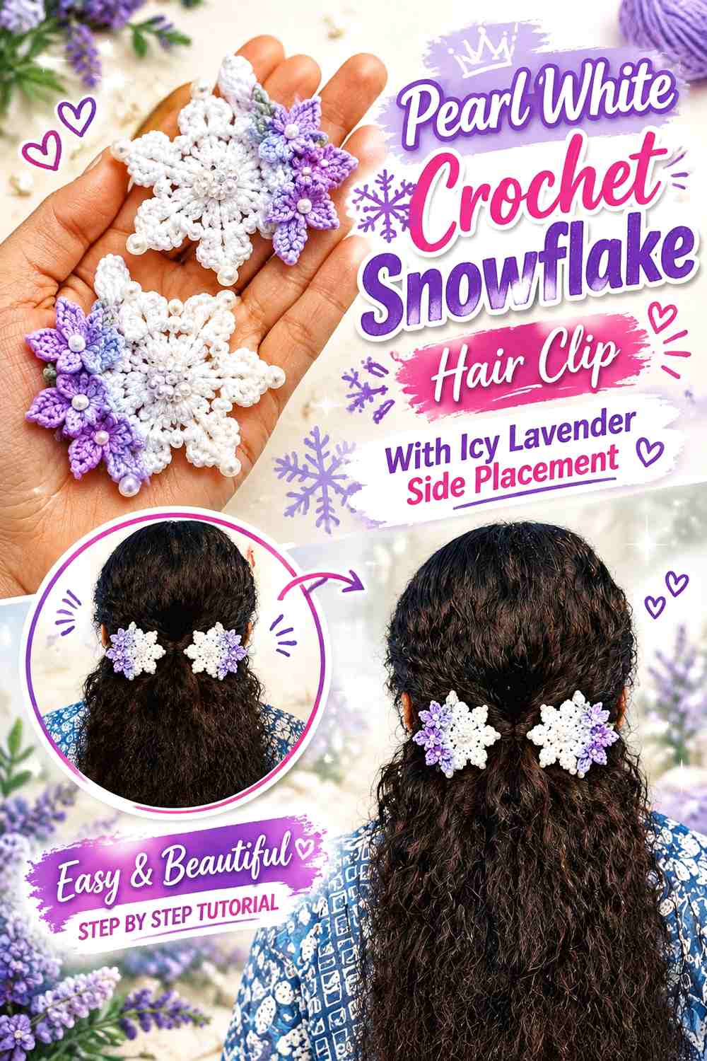 Pearl White Crochet Snowflake Hair Clip With Icy Lavender Side Placement