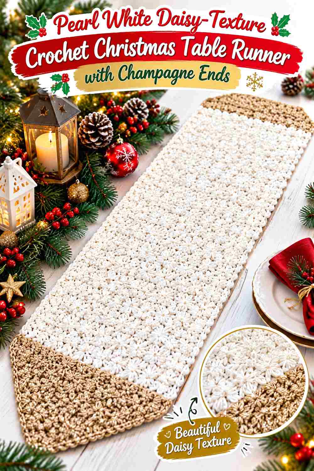 8. Pearl White Daisy Texture Crochet Christmas Table Runner With Champagne Ends