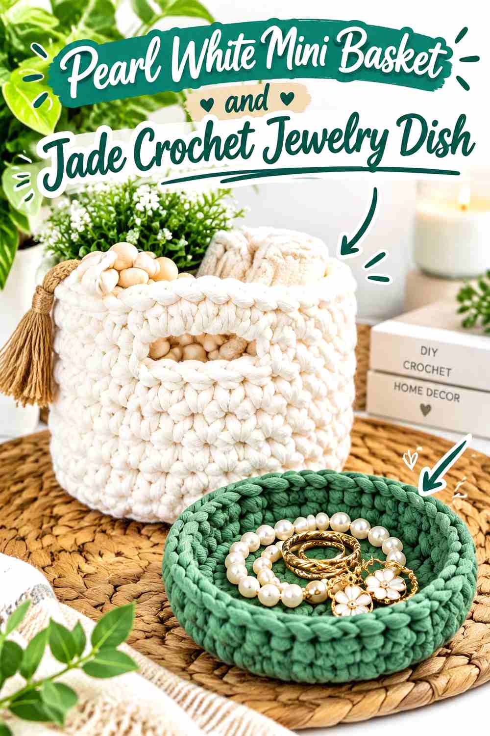 6. Pearl White Mini Basket And Jade Crochet Jewelry Dish