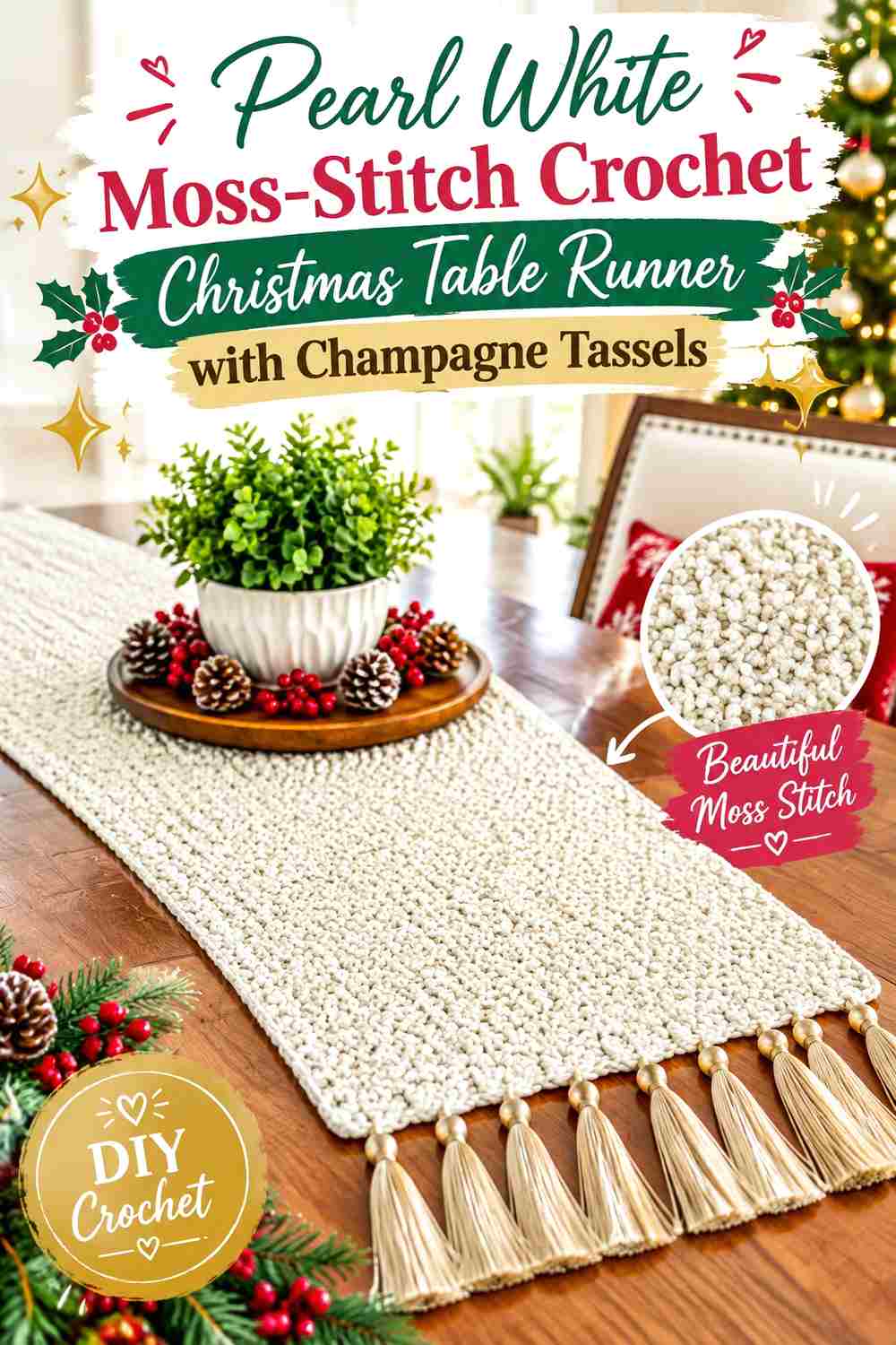 13. Pearl White Moss Stitch Crochet Christmas Table Runner With Champagne Tassels