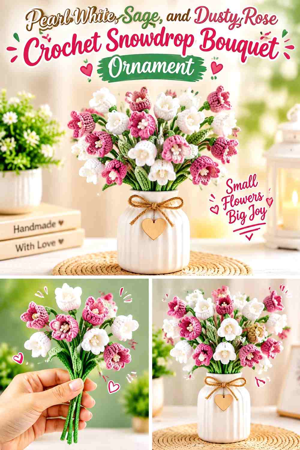 Pearl White, Sage, and Dusty Rose Crochet Snowdrop Bouquet Ornament