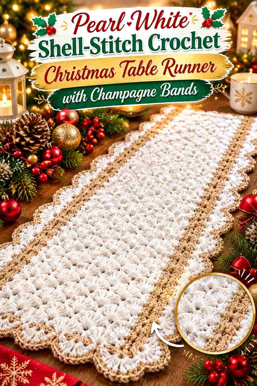 10. Pearl White Shell Stitch Crochet Christmas Table Runner With Champagne Bands