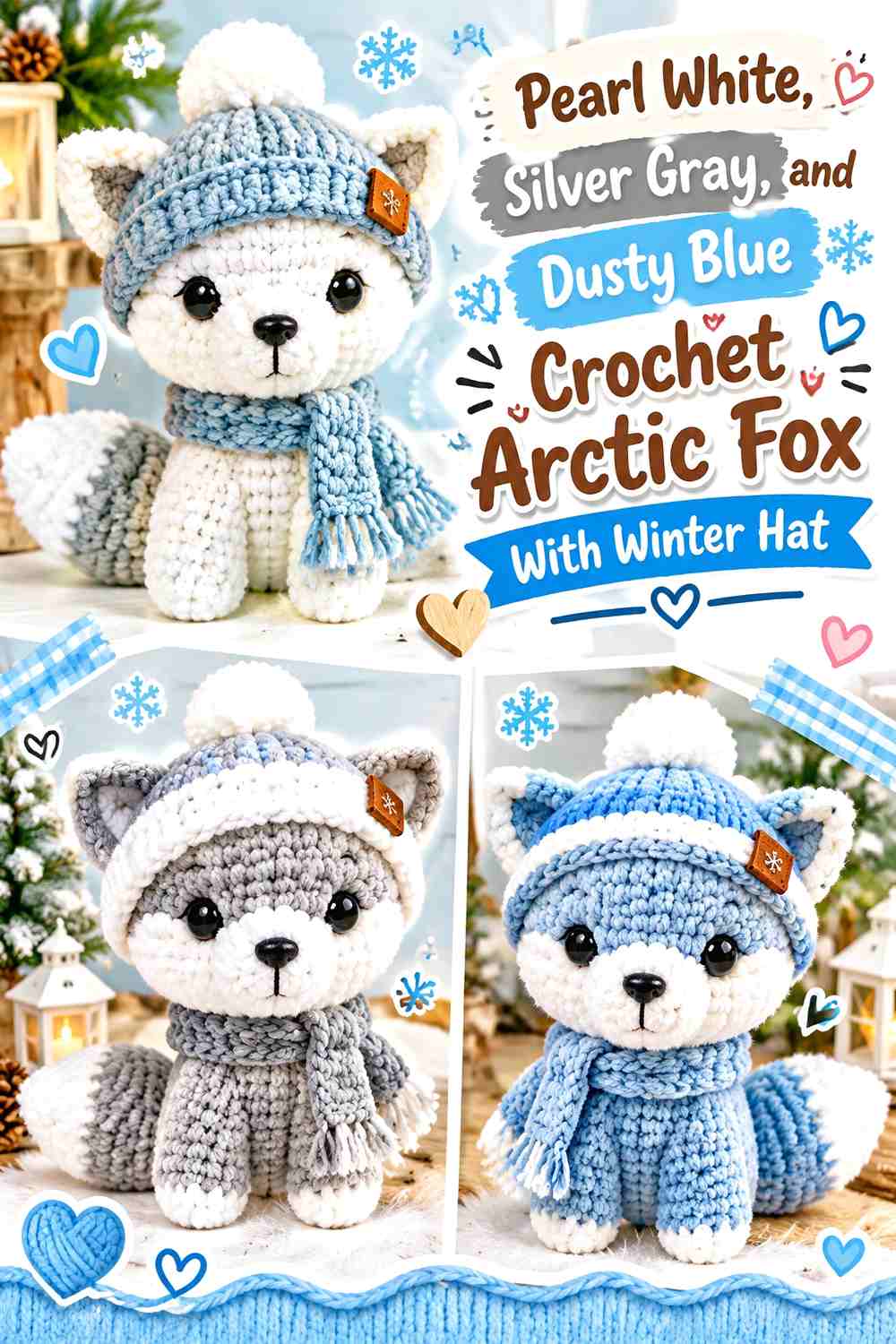 Pearl White, Silver Gray, and Dusty Blue Crochet Arctic Fox With Winter Hat