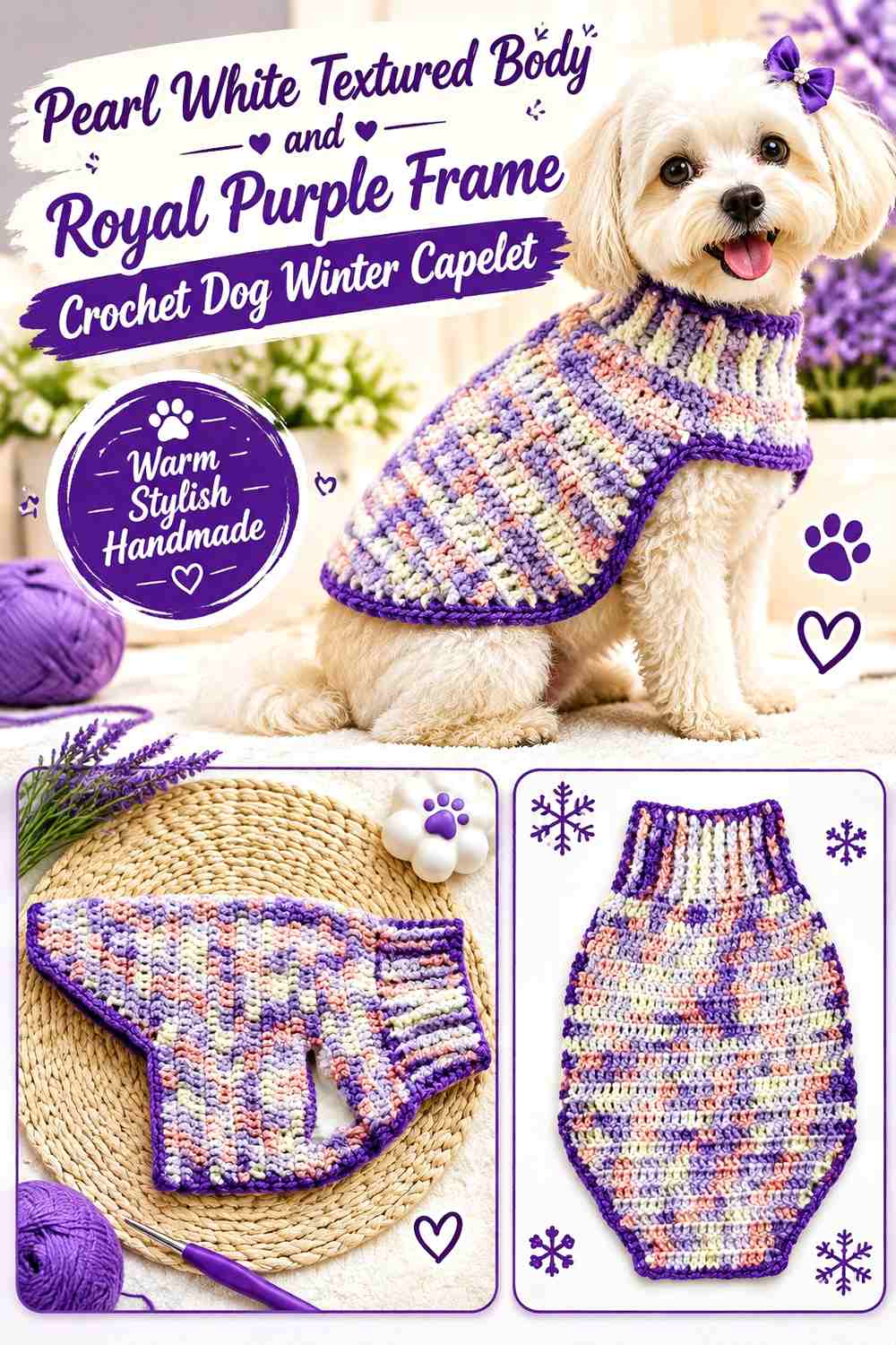 Pearl White Textured Body and Royal Purple Frame Crochet Dog Winter Capelet
