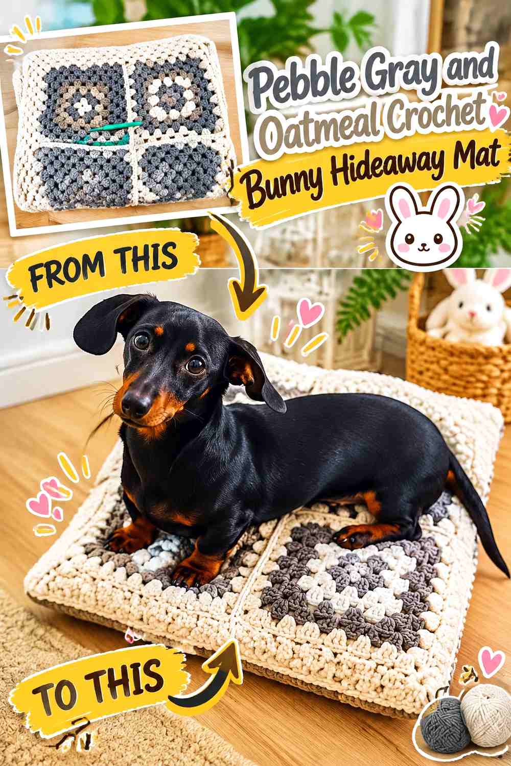 Pebble Gray and Oatmeal Crochet Bunny Hideaway Mat