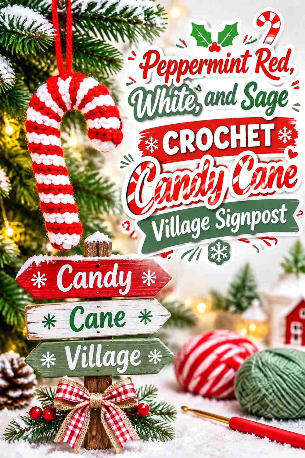 Peppermint Red, White, and Sage Crochet Candy Cane Village Signpost