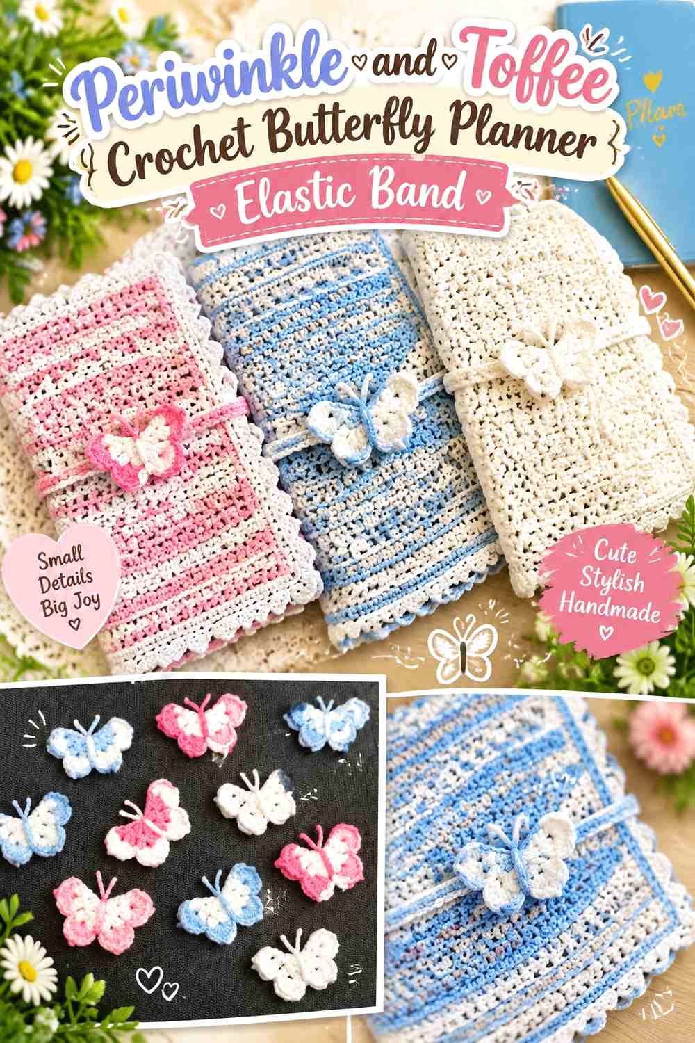 Periwinkle and Toffee Crochet Butterfly Planner Elastic Band