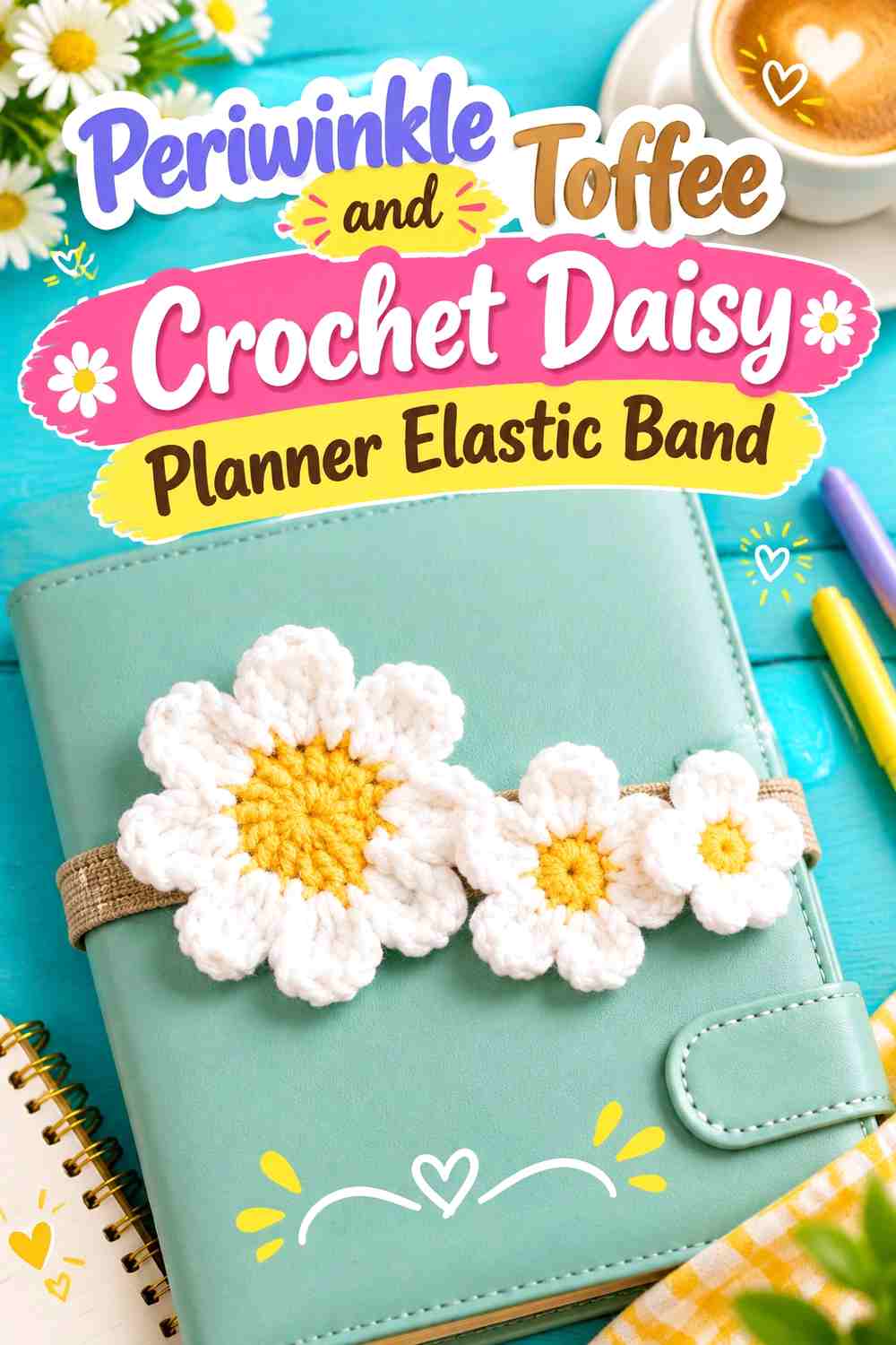 Periwinkle and Toffee Crochet Daisy Planner Elastic Band