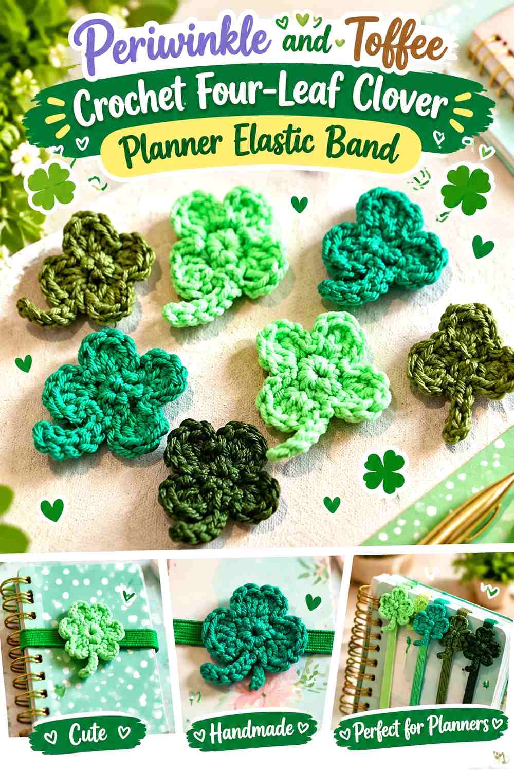 Periwinkle and Toffee Crochet Four Leaf Clover Planner Elastic Band