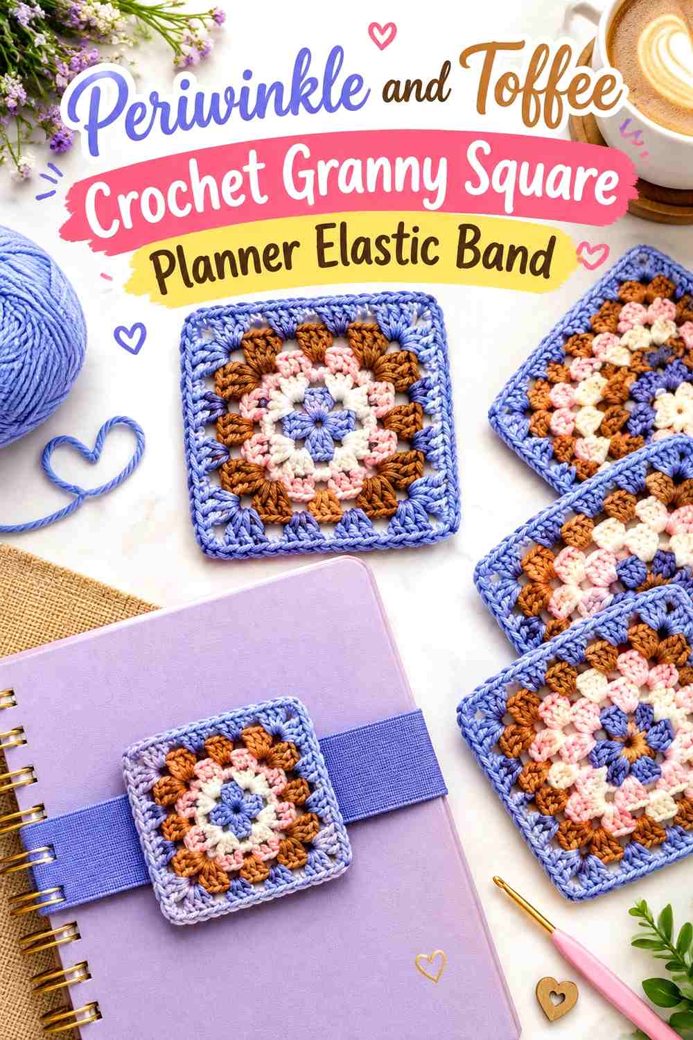 Periwinkle and Toffee Crochet Granny Square Planner Elastic Band