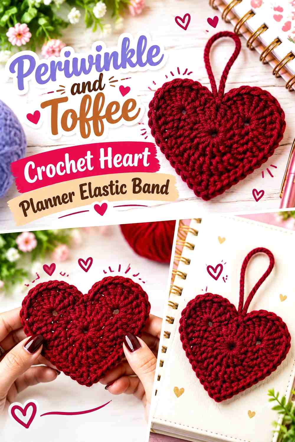Periwinkle and Toffee Crochet Heart Planner Elastic Band
