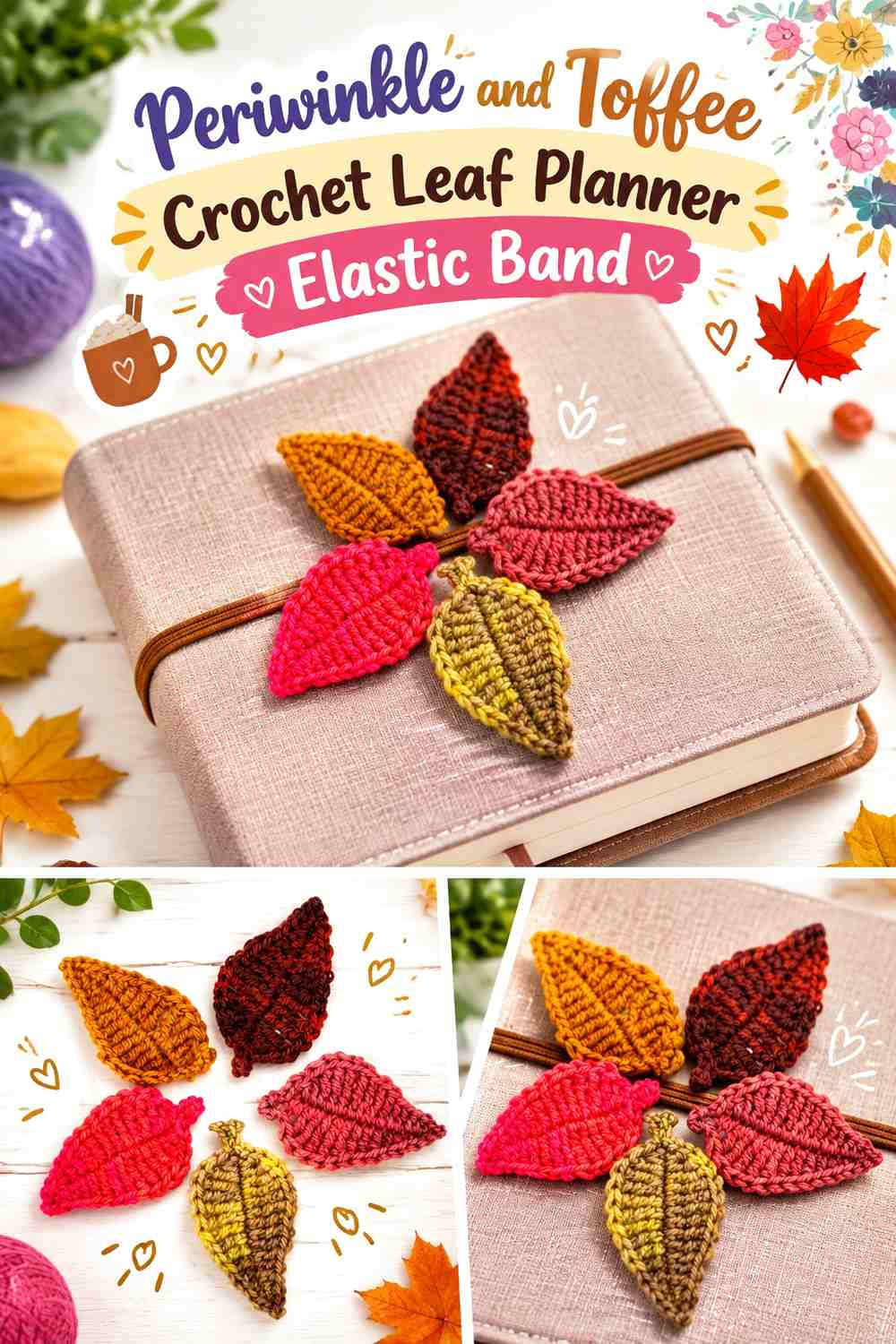 Periwinkle and Toffee Crochet Leaf Planner Elastic Band
