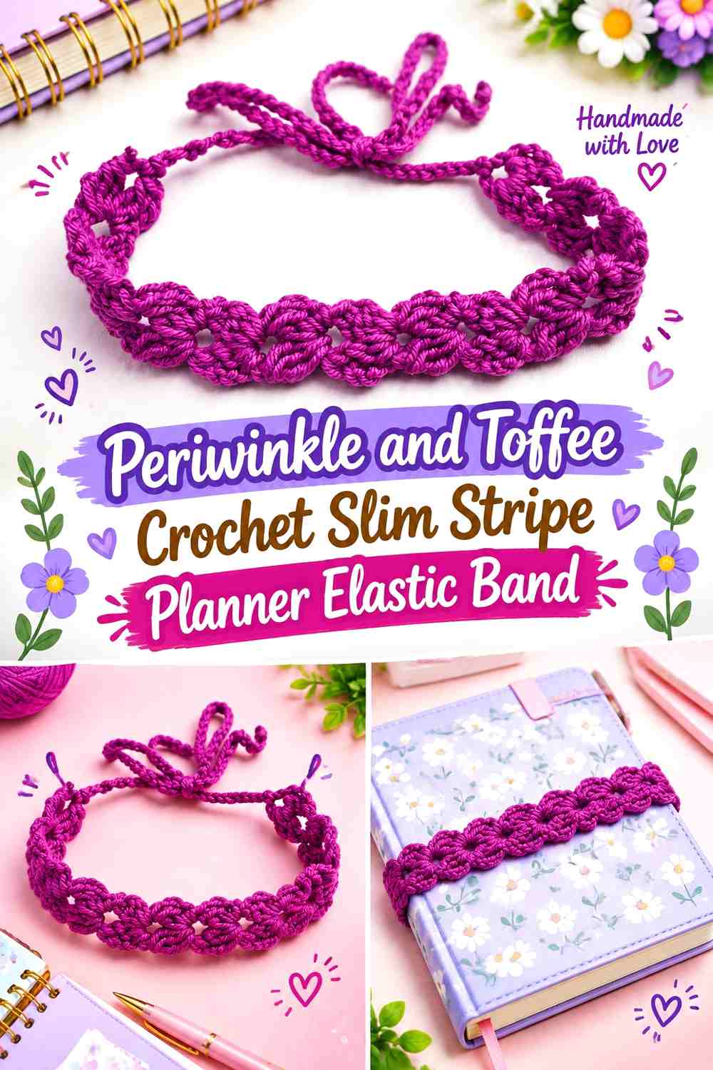 Periwinkle and Toffee Crochet Slim Stripe Planner Elastic Band