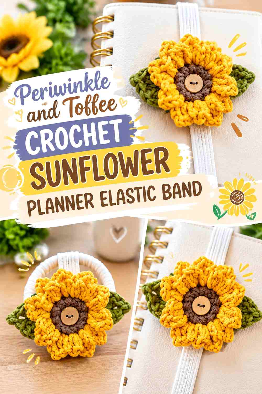 Periwinkle and Toffee Crochet Sunflower Planner Elastic Band