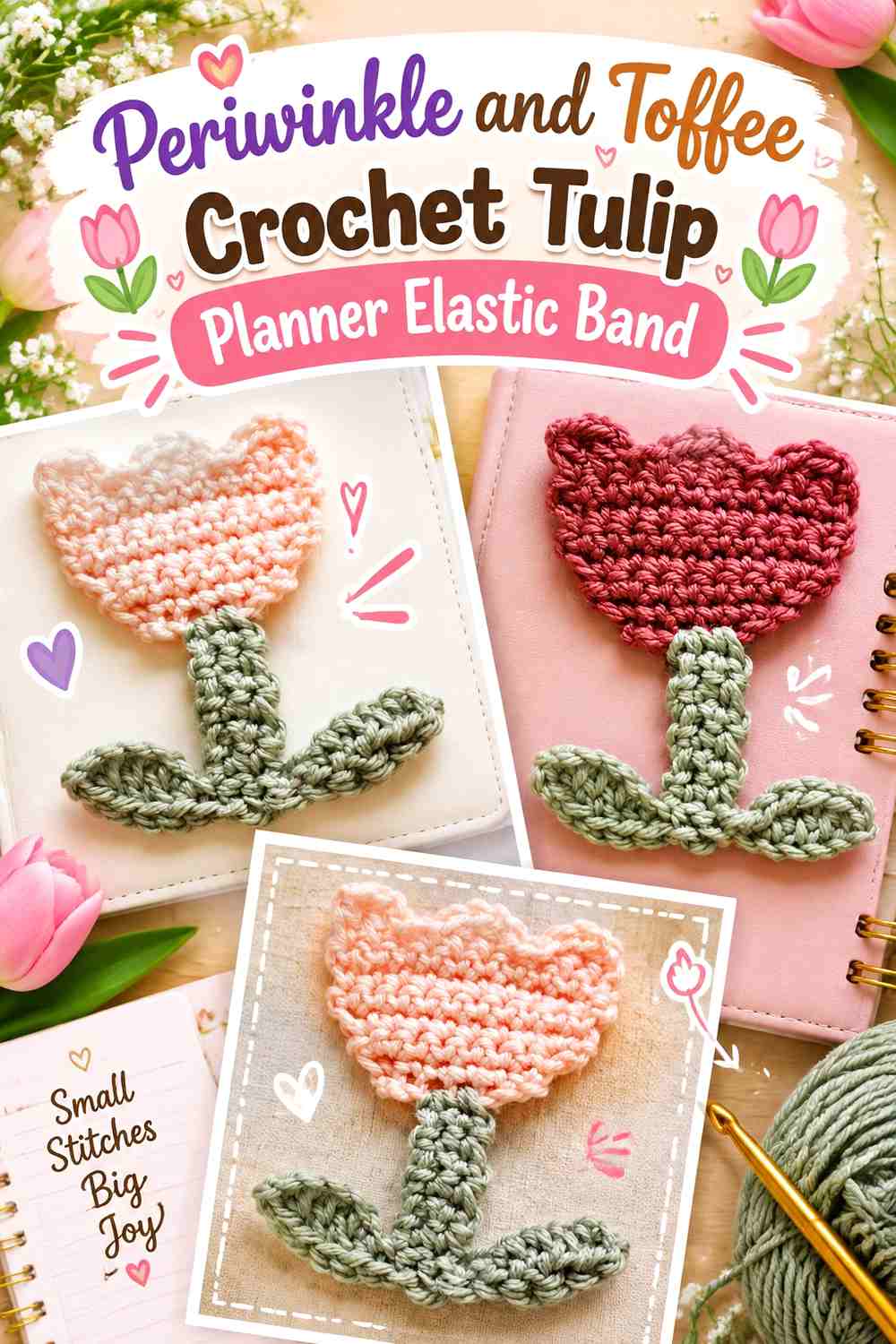 Periwinkle and Toffee Crochet Tulip Planner Elastic Band