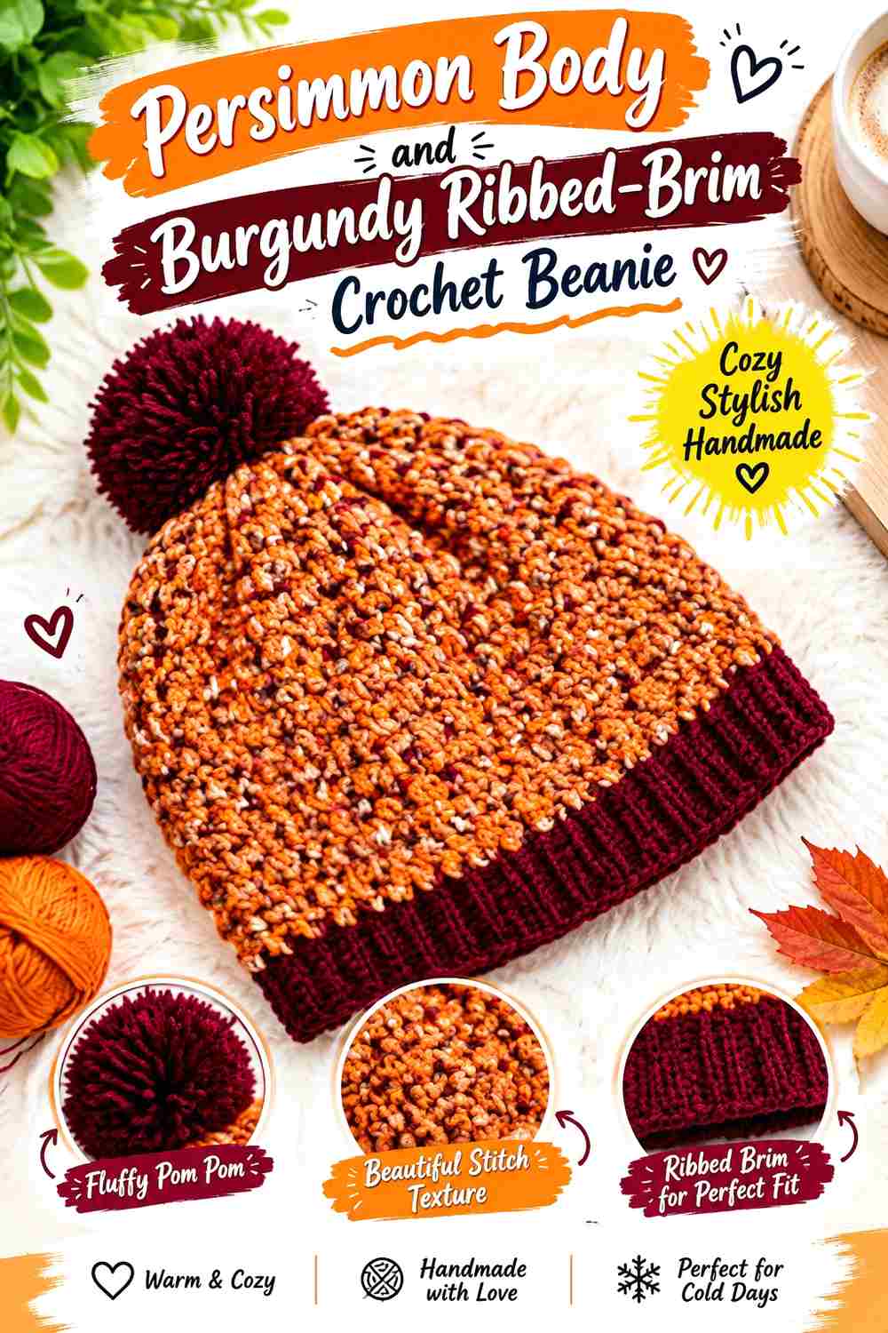 17. Persimmon Body And Burgundy Ribbed Brim Crochet Beanie