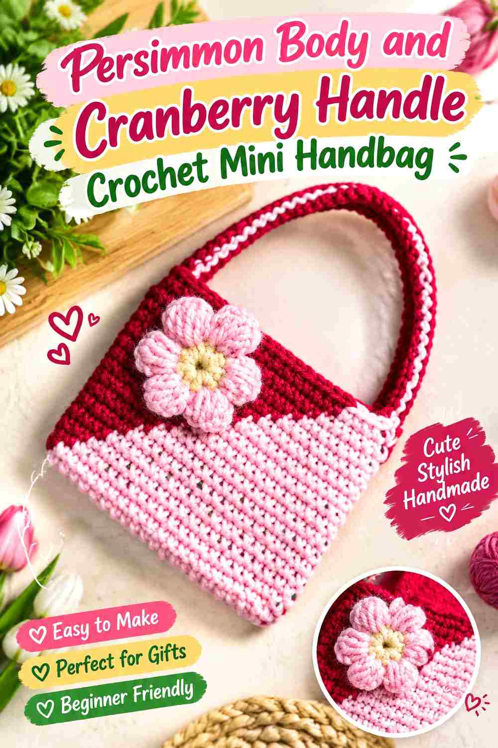 7. Persimmon Body And Cranberry Handle Crochet Mini Handbag