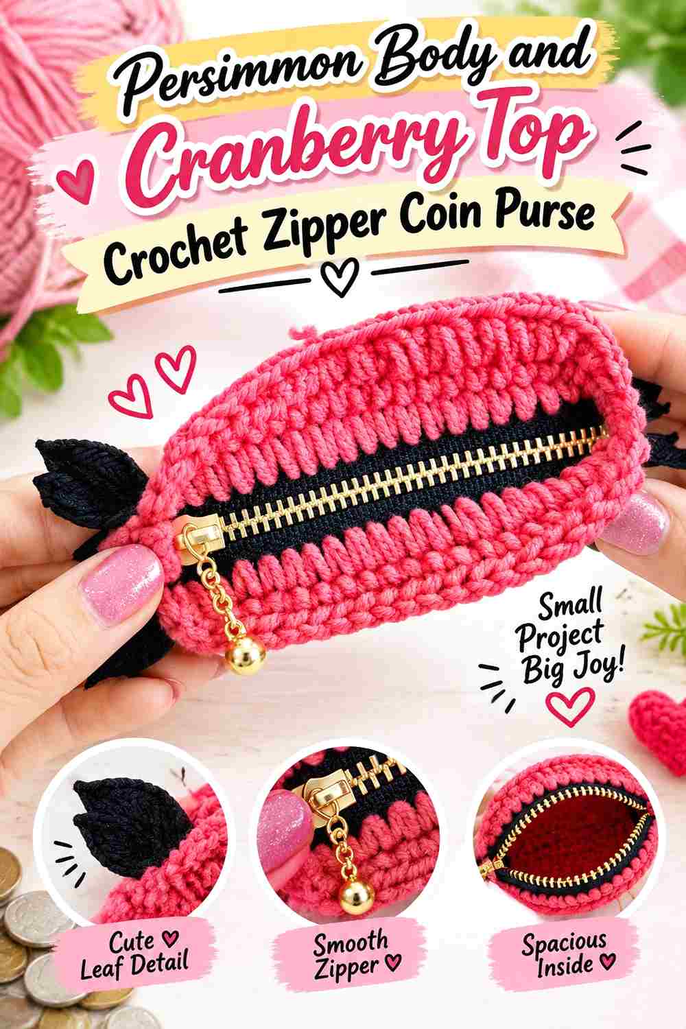 11. Persimmon Body And Cranberry Top Crochet Zipper Coin Purse