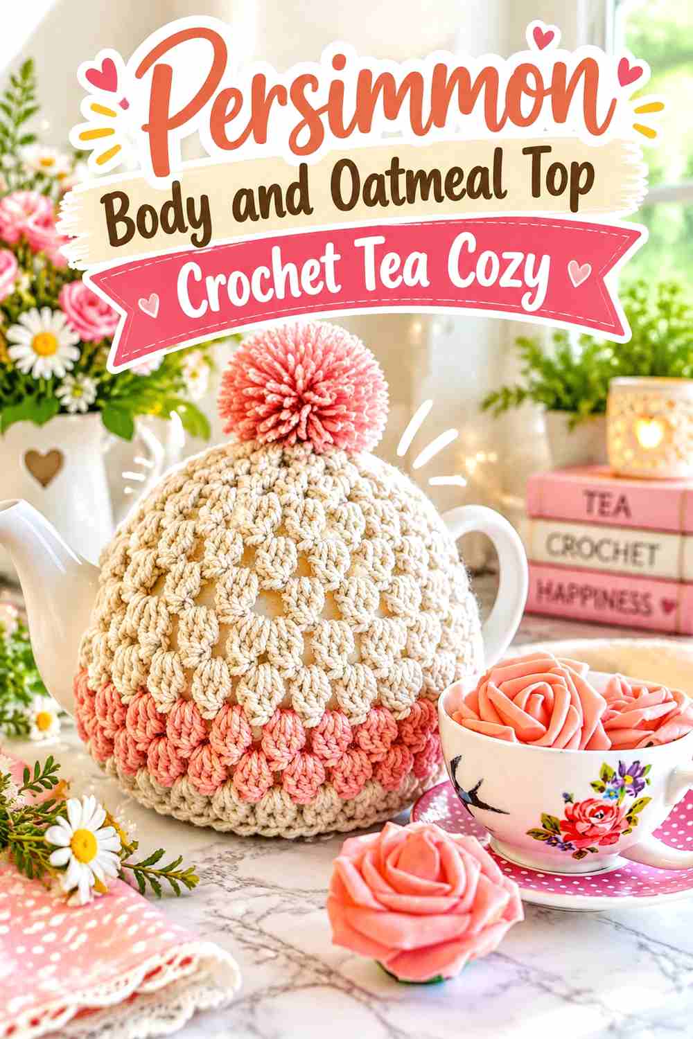 1. Persimmon Body And Oatmeal Top Crochet Tea Cozy
