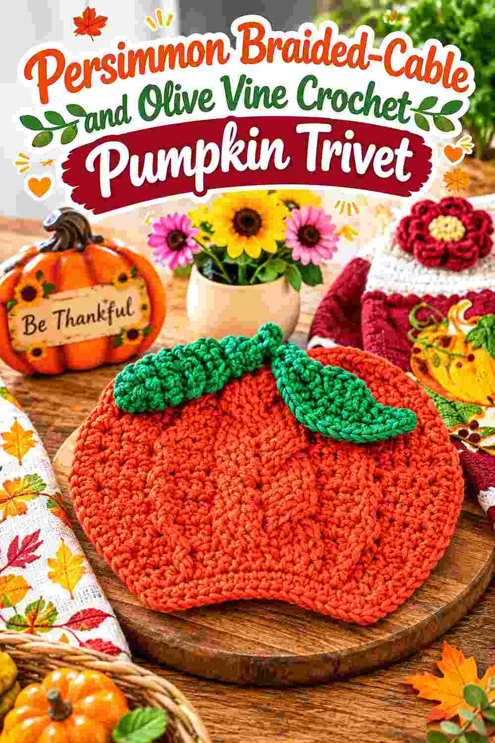 3. Persimmon Braided Cable And Olive Vine Crochet Pumpkin Trivet