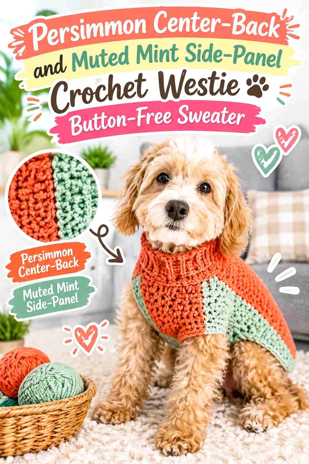 Persimmon Center-Back and Muted Mint Side-Panel Crochet Westie Button-Free Sweater