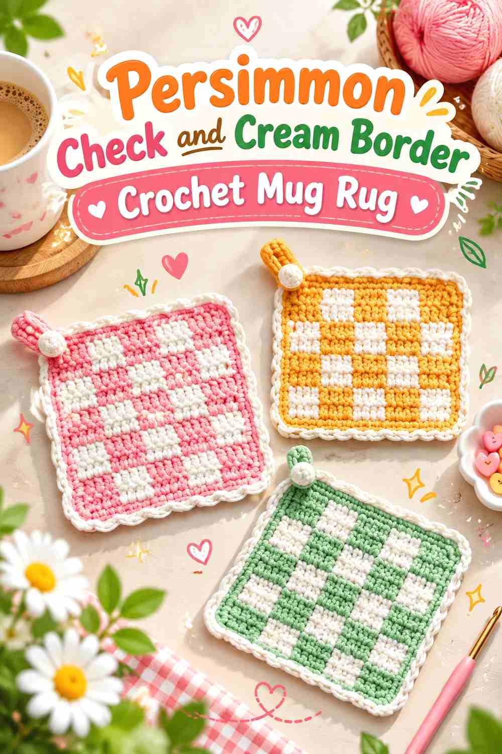 9. Persimmon Check And Cream Border Crochet Mug Rug