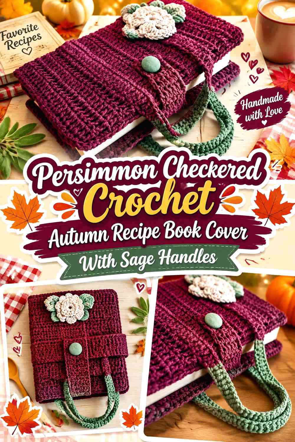 7. Persimmon Checkered Crochet Autumn Recipe Book Cover With Sage Handles