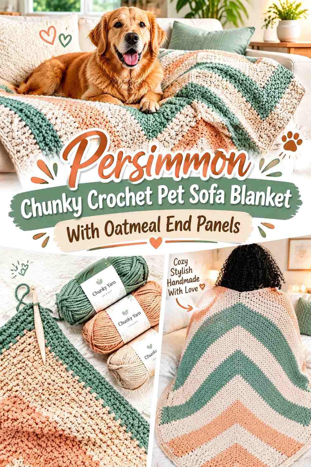 Persimmon Chunky Crochet Pet Sofa Blanket With Oatmeal End Panels